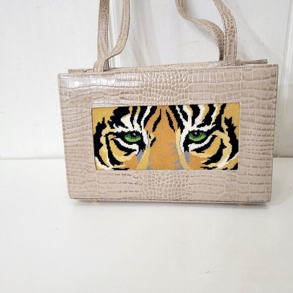 Tiger Needlepoint Faux Croc Beige Handbag Lee Needle Arts - Picture 7 of 9